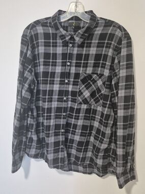 G:21 Black Gray Plaid Button Front Shirt XL 100% Cotton Casual Flannel Top